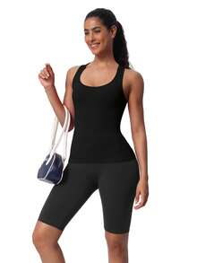 Seamless Workout Tank Top For Women With Built In Bra, Padded Racerback Athletic Yoga Camisole - Black - View 5