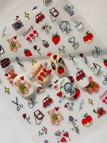 A High-End Romantic Nail Sticker With Relief Laser Technology, Graffiti Hand Drawn Style, Featuring Romantic Roses, Cute Bears, Heart Data And Other Hand Drawn Patterns, Suitable For Personal DIY And Nail Phone Decoration
