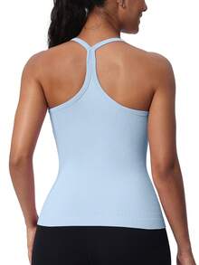 Workout Tank Tops For Women Built In Shelf Bras Padded -Racerback Athletic Tank Tops Ribbed Yoga Shirts - Light Blue - View 5