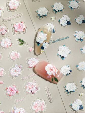 1pc 3D/5D Elegant And Cool Rose Nail Art Stickers, Vintage Style Rose, White Blue Pink Yellow Red Rose, Flowers & Leaves, Spring Summer Autumn & Winter Nail Decoration, For Long Or Short Nails & All Types Of Nails, Daily Or Date Or Festive Decoration,DIY Nail Stickers