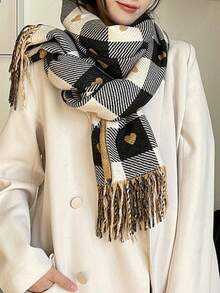 1pc Women Retro Elegant Plaid Thick Faux Cashmere Scarf, Warm & Windproof, Tasseled Shawl Wrap Suitable For Any Occasion For Dress - Brown - View 7