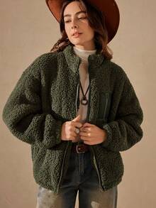 Wildy Zip Up Drop Shoulder Teddy Jacket For Winter - Green - View 1