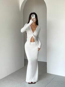 Conjunto de Top Cropped de Manga Longa com Nó na Frente e Saia Midi em Cor Sólida, Elegante e Casual, Adequado para Férias, Praia, Encontros à Noite, Casa, Jardim