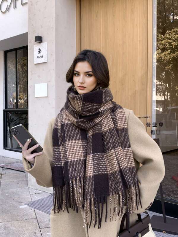 1pc Fashion Casual Daily Faux Cashmere Plaid Tassel Scarf, Versatile Atmosphere High-End Feel Winter Scarf/Shawl For Women, Elegant & Soft