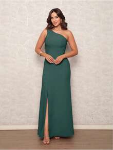 Women's Long Dress With Slit For Parties Weddings Graduations Dinners - Army Green - View 9