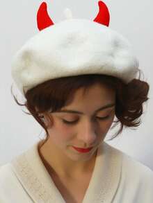 Devil Horns Red Beret For Women - Fun Halloween Costume Accessory, Unique Fashion Beret With Horns, Red Beret For Cosplay, Party Hats