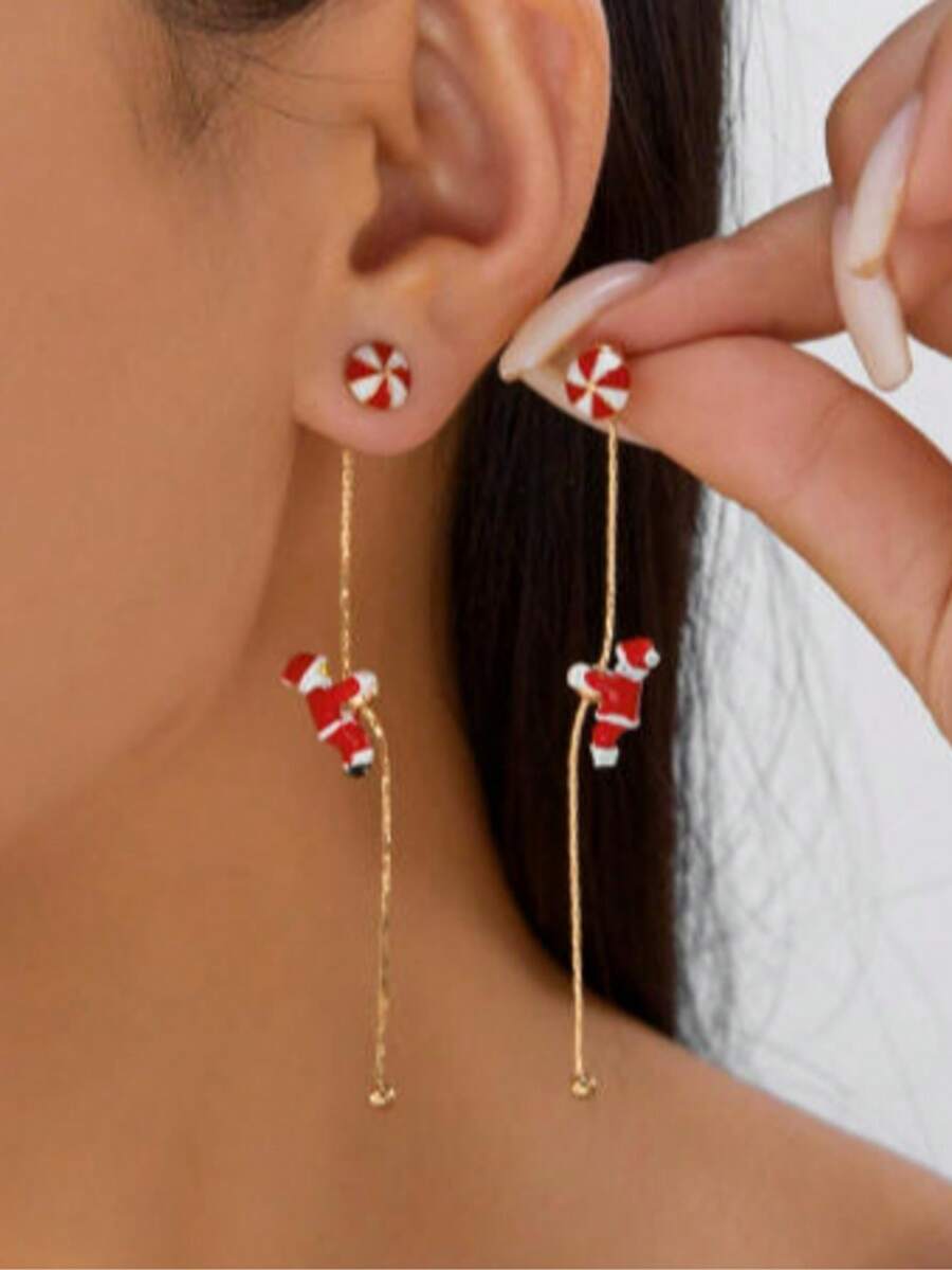 1 pieza Pendientes lindos de la serie navideña de dibujos animados de Santa Claus trepando a un árbol, populares en Europa y América