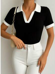 Women's Polo Collar Blouse, Two-Tone, Short Sleeve, Casual Cotton - p-黑色露領 - 查看 2