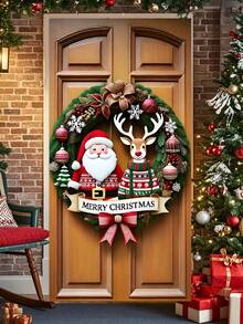 1 pezzo Ghirlanda natalizia HEGO in poliestere con Babbo Natale e renne, fiocco rosso per appendere alla porta, decorazione festiva per interni/esterni, senza alimentazione elettrica, ideale per l'ingresso, adatta per porte standard - Multicolore - Visualizzare 8