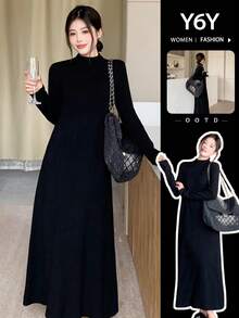 [Y6Y] 女士长袖高领针织毛衣连衣裙，高弹黑色长裙，适合秋冬季作为内搭，可搭配外套和毛衣穿着 - 黑色 - 查看 9