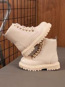 女童靴子，米色侧拉链前系带靴，公主风真皮踝靴，2025秋冬新款 - 米色 - 查看 6