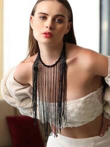 1Pc Minimalist Design Women's Pearl Body Chain Multi-Layered Tassel Hand-Woven Long Necklace Versatile Chest Necklace Accessory Perfect For Christmas, Halloween, Bar Parties, Music Festivals, Ladies' Gifts, And More. - Black - View 5