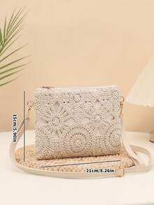 1个女士信封包，镂空提花设计女士单肩包，时尚简约女包，钩针编织包，撞色拼接PU材质斜挎包，甜美可爱小巧斜挎包，米色手拿包，迷你沙滩包腕包零钱包单肩斜挎包，女士春夏新款百搭小巧镂空单肩斜挎甜美方包，适合聚会、外出 - 米色 - 查看 5