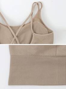 Leorrey 1pc Women's Fashion Sexy Criss-Cross Spaghetti Strap Ribbed Bodycon Soft Comfortable Sportswear - Khaki - View 4