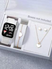 5 件套休闲时尚白色方形硅胶 LED 数字电子手表，配心形手链项链耳环配件套装，儿童最佳生日礼物，适合日常佩戴，无需充电 - 白色 - 查看 6