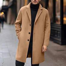 Coat Men Wool Single Breasted Notched Lapel Collar Pea Coat Winter F Warm Business Mid Long Outwear Overcoat - A03-màu kaki - Xem 2
