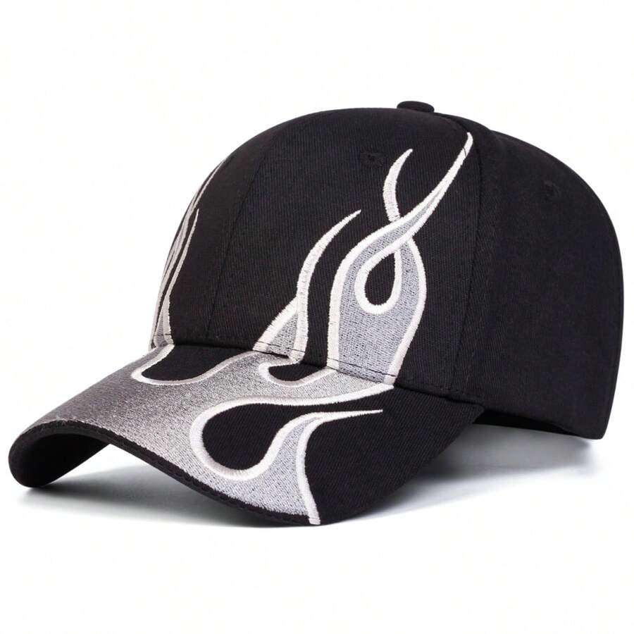 1Piece Men Flame Embroidered Baseball Cap Outdoor Adjustable Sunscreen Leisure Hat Spring Autumn Travel Tourism Beach Vacation - 彩色 - 查看 1