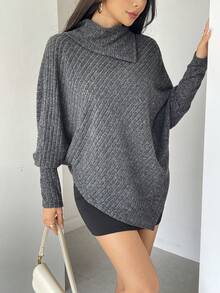 Top de Manga Longa Assimétrica de Tricô Canelado com Gola Alta e Manga Morcego, Cor Sólida, Adequada para Uso Casual, Noite, Festa de Solteiros, Viagem no Outono/Inverno