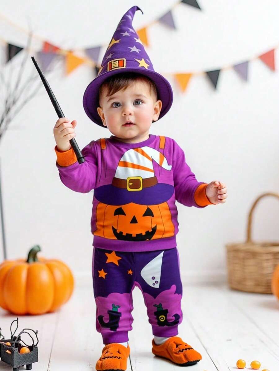 Set 2 buc. Hanorac și pantaloni cu guler rotund și mânecă lungă pentru bebeluși băieți, cu imprimeu de dovleac și liliac, potrivit pentru toamnă - Mov Mov - Vizualizare 1