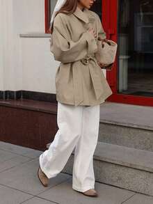 Women's New Design Casual Elegant Trench Coat, Mid-Length Jacket With Tie Waist, Long Sleeve, Vintage Thin Outerwear For Commuting, Autumn/Winter