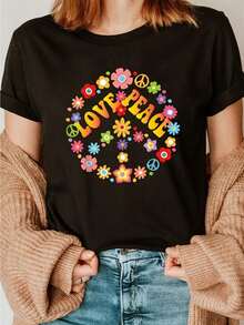 Women's 60s 70s Hippie Style LoVe PeaCe Floral Peace Sign Graphic T-Shirt - Soft Cotton Short Sleeve Crew Neck Casual Top, Retro Vintage Tee For Summer &Amp; Spring, Everyday Top, Comfortable Fit - 黑色 - 查看 1