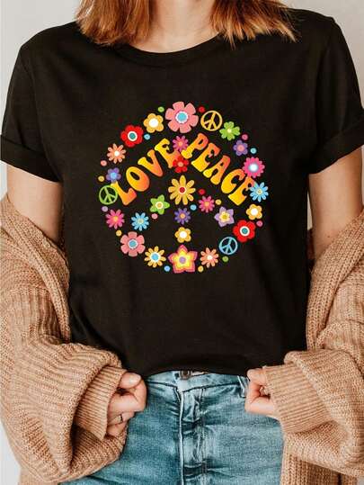 Dam-T-shirts,Women's 60s 70s Hippie Style LoVe PeaCe Floral Peace Sign Graphic T-Shirt - Soft Cotton Short Sleeve Crew Neck Casual Top, Retro Vintage Tee for Summer &amp; Spring, everyday Top, Comfortable Fit