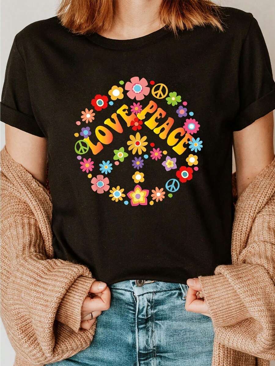 Women's 60s 70s Hippie Style LoVe PeaCe Floral Peace Sign Graphic T-Shirt - Soft Cotton Short Sleeve Crew Neck Casual Top, Retro Vintage Tee For Summer &Amp; Spring, Everyday Top, Comfortable Fit - 黑色 - 查看 1
