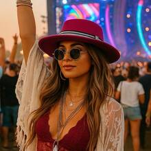 Paris Lurex Felt Hat With Medium Brim And Exclusive Band - 酒紅色 - 查看 1