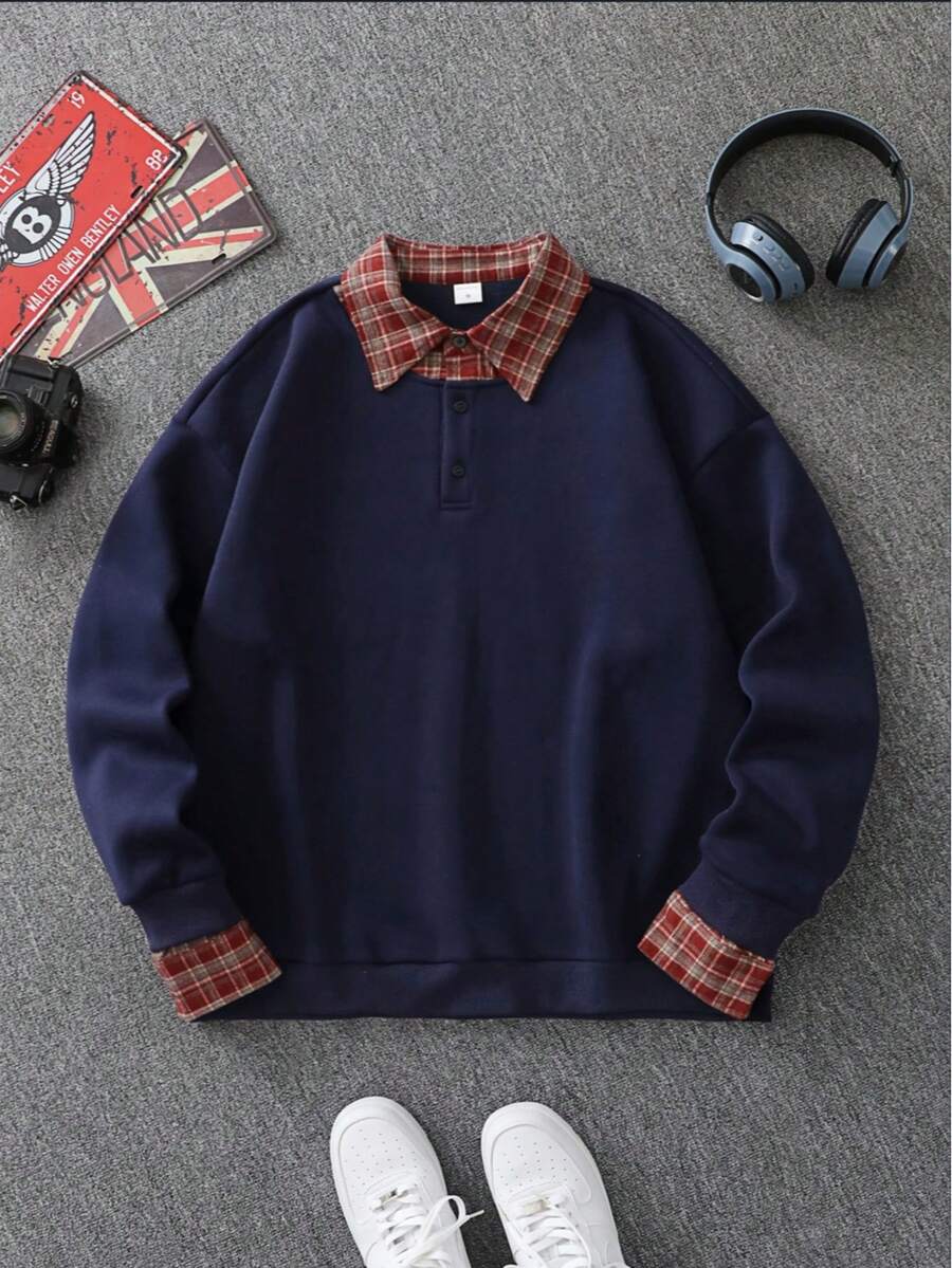 男士长袖撞色格子Polo衫，宽松休闲运动学院风，适合春秋季穿着 - 藏蓝色 - 查看 1