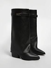 西部风假日高跟复古棕色美拉德中筒靴，女士过膝靴，经典靴款，秋冬款，2025新款秋季西部牛仔裤筒长款骑马靴，派对装 - 黑色 - 查看 8