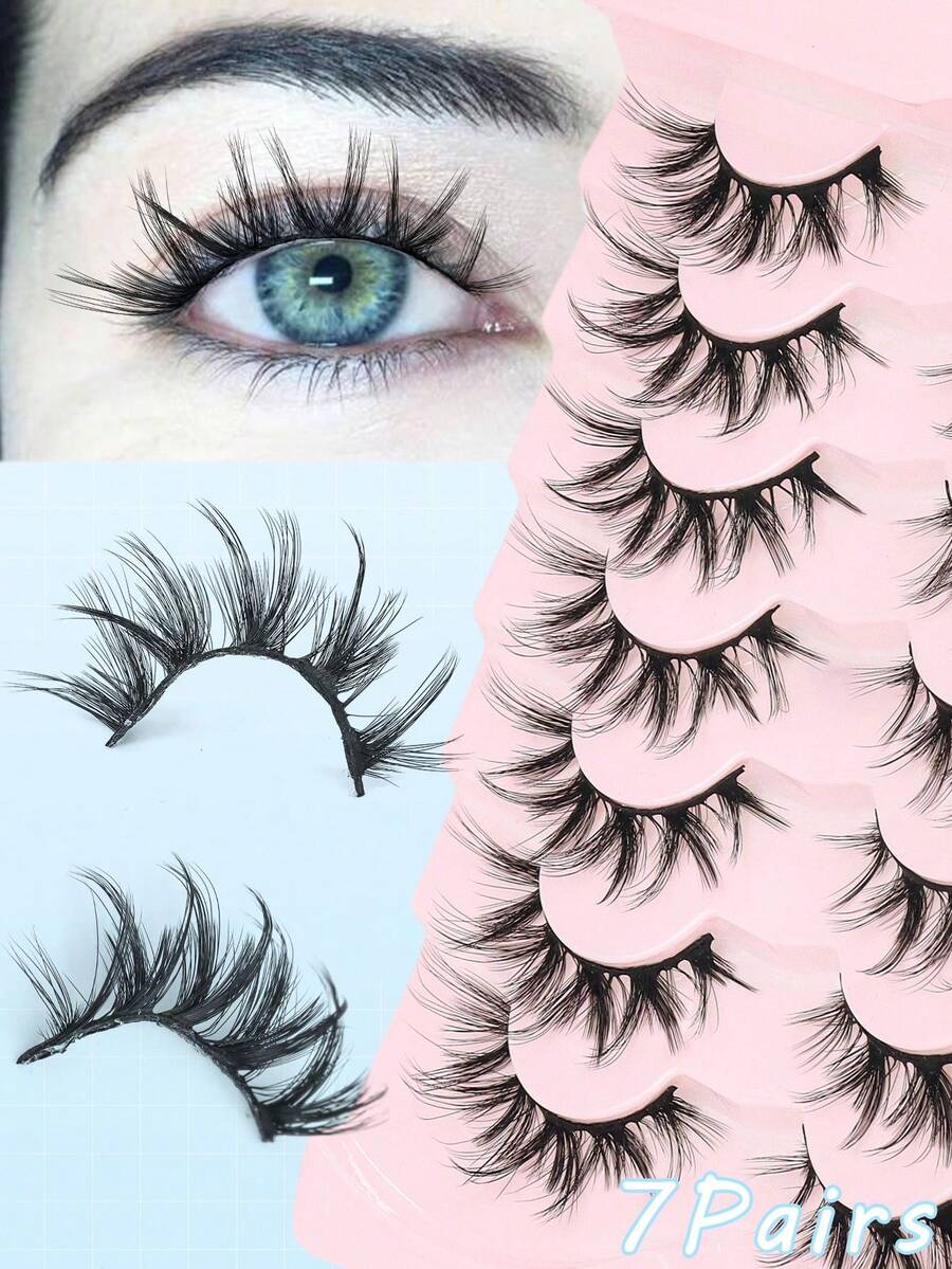 7 Paar Kreuz-Optik Falsche Wimpern mit Katzenaugen-Effekt für Cartoon-Stil Make-up, weiche, verwischte falsche Wimpern 3D Faux Mink natürliche Full-Strip Wimpern für tägliches Dating Make-up