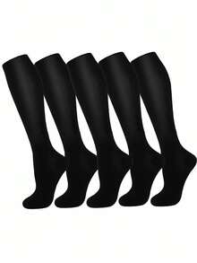5/1 Pair Women & Men's Black Knee-High Compression Socks And Cycling Socks, Suitable For Running, Cycling, Fitness, Leggings, All Season, Boot Style, Knitted Socks, Great Gift For Family And Friends