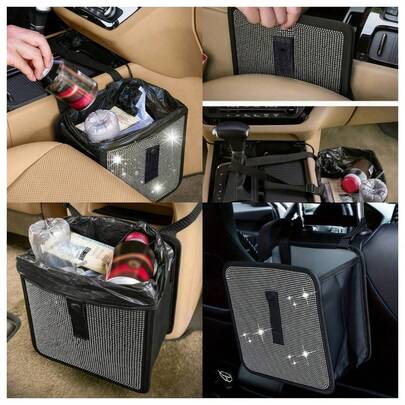 1 件黑色皮革汽车垃圾桶，带白色水钻，可折叠时尚设计，大容量汽车垃圾桶，汽车内部垃圾整理器，耐用皮革材质，易于清洁，汽车装饰配件