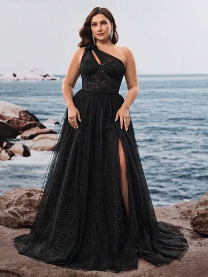 Elisanya BluePlum Corset Top Sexy One Shoulder Prom Dress Plus Size Mesh A Line Sparkly High Waist Elegant Luxury Gown Women Patch Floral Padded SleevelessLong Formal Dresses Semi-Transparent Specical Occasion Black Cut Out
