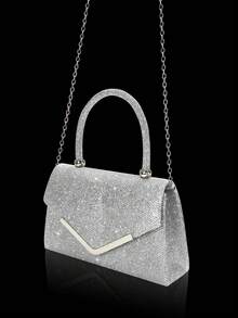 时尚闪亮的女士手提包晚宴包，优雅的派对金属翻盖手拿包单肩包，搭配闪闪发光的水钻首饰三件套，闪亮的水钻项链、耳环、手链，适合派对、舞会、聚会、晚宴 - 銀色 - 查看 5