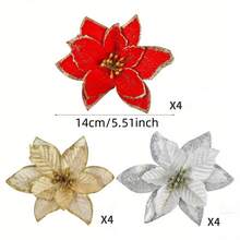 12Pcs Glitter Poinsettia Christmas Tree Ornament - Artificial Flowers Versatile Red, Silvery & Golden Fake Flowers Decorations For Wedding Christmas Xmas Tree Wreaths Decor, Holiday Parties & Home Decor Christmas Decorations Room Decor