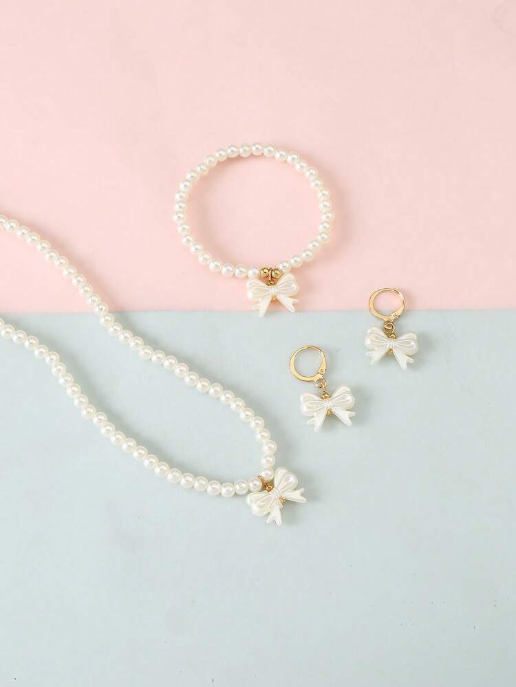 4pcs/Set Girls Pearl Beaded Butterfly Necklace Bracelet Earrings Set Combination Suitable For Daily Decoration - White - View 4