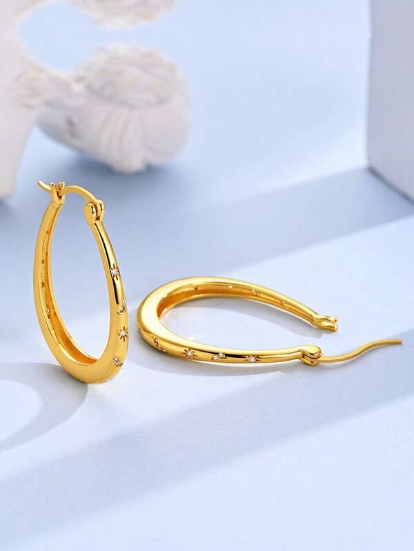 1 par de pendientes de plata de ley 925 con forma de gota, diseño calado de estrellas y luna con circonita cúbica de color dorado, para mujer, joyería minimalista, elegante, adecuada para uso diario, fiestas y compras