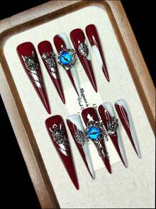 Handmade Wearable Press-On Fake Nails, Blue Demon Eye, Spider Web, Bat, Demon Horn, Skull Claw Design, Fashionable High-End Halloween New Style, Reusable For Girls, Autumn/Winter Fashion Item - Multicolor - View 1