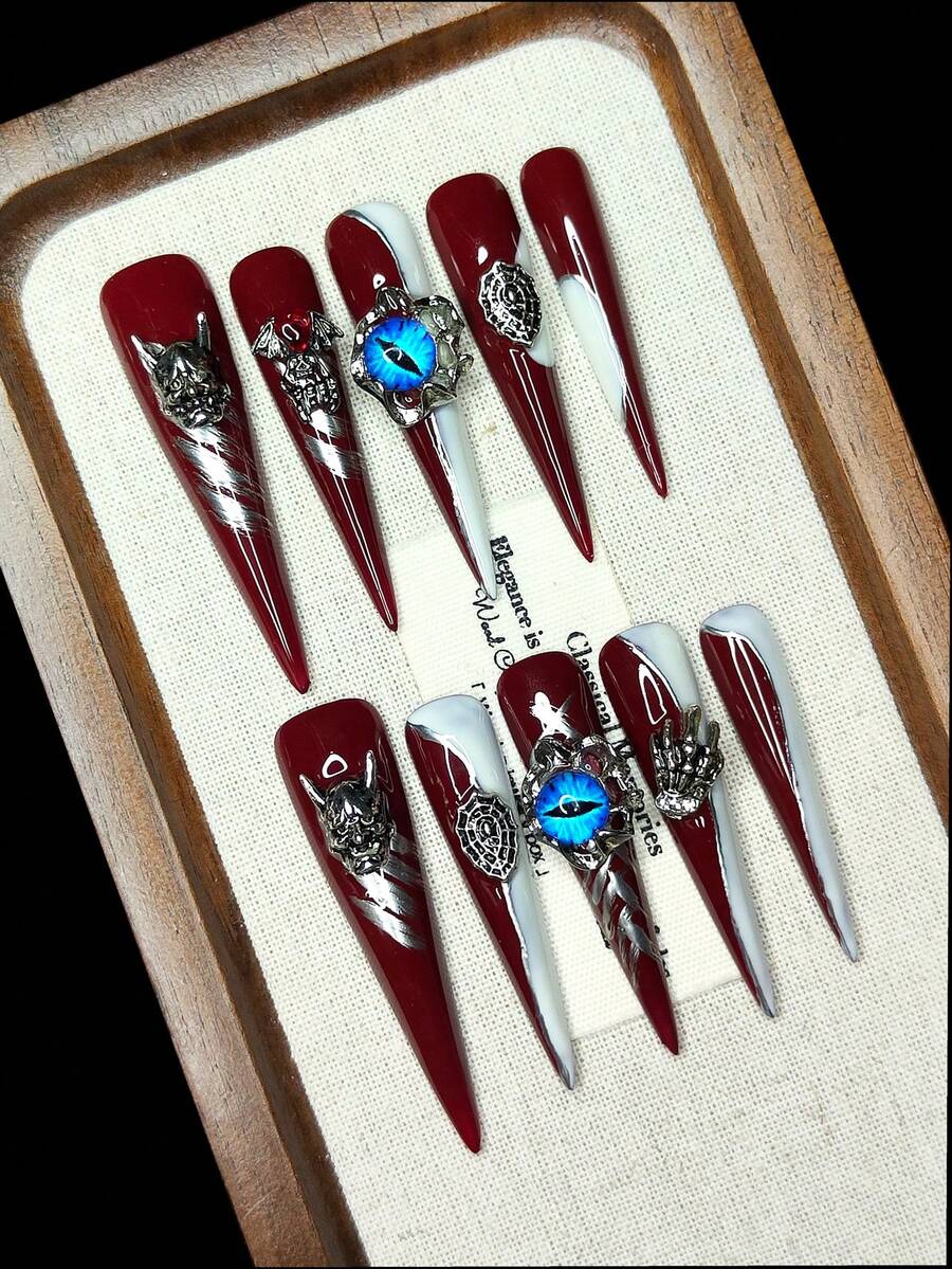 Handmade Wearable Press-On Fake Nails, Blue Demon Eye, Spider Web, Bat, Demon Horn, Skull Claw Design, Fashionable High-End Halloween New Style, Reusable For Girls, Autumn/Winter Fashion Item - Multicolor - View 1
