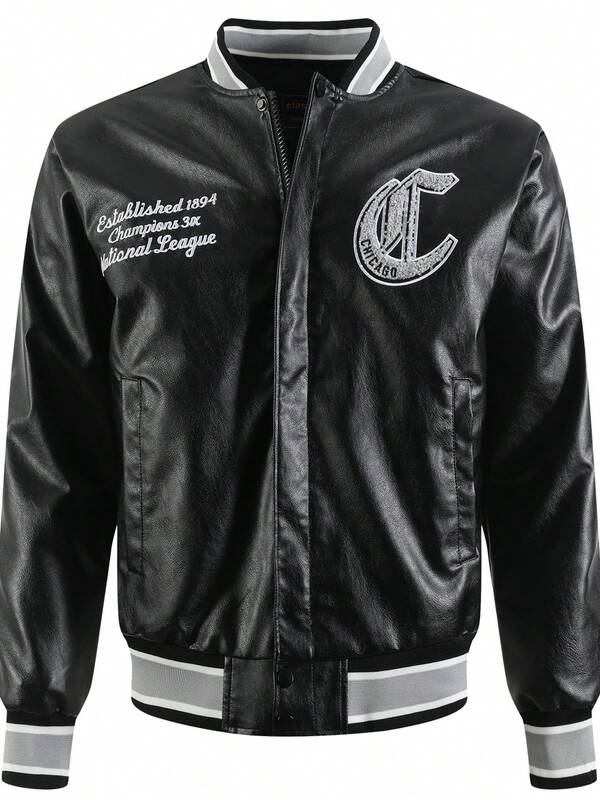 Men's Black Baseball Jacket High End Embroidered Leather Fashionable Street Style Sportswear Casual Classic Retro Sportswear Patchwork PU Long Sleeved Hip-Hop Motorcycle Jacket, Grunge, Fall/Winter