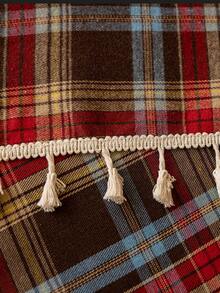 1pc Christmas Plaid Tablecloth, Tassel Decor, Retro Brown-Red Plaid, Brushed Woven Fabric, Rectangular, Washable, Suitable For Coffee Table, Bedside Cabinet, Dining Table Decor, Suitable For Home Kitchen, Party Dinner, Holiday Party Decor, Christmas, New Year, Autumn Decoration