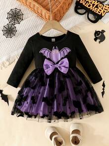Đầm cổ tròn tay dài họa tiết dơi, mặt trăng và ngôi sao dễ thương cho bé, chủ đề Halloween, trang phục ngoài trời cho kỳ nghỉ mùa thu/đông, có thể giặt bằng máy - màu đen - Xem 1