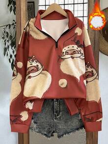 Women's Fashionable Casual Comfortable Blue And White Christmas Tree Long-Sleeve Hooded Oversized Pocket Pullover Sweatshirt For Fall And Winter