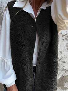 Gilet sans manches en fausse fourrure à boutons, poches réelles, ouverture devant, couleur unie, style décontracté pour femmes, automne/hiver - Noir - Voir 1