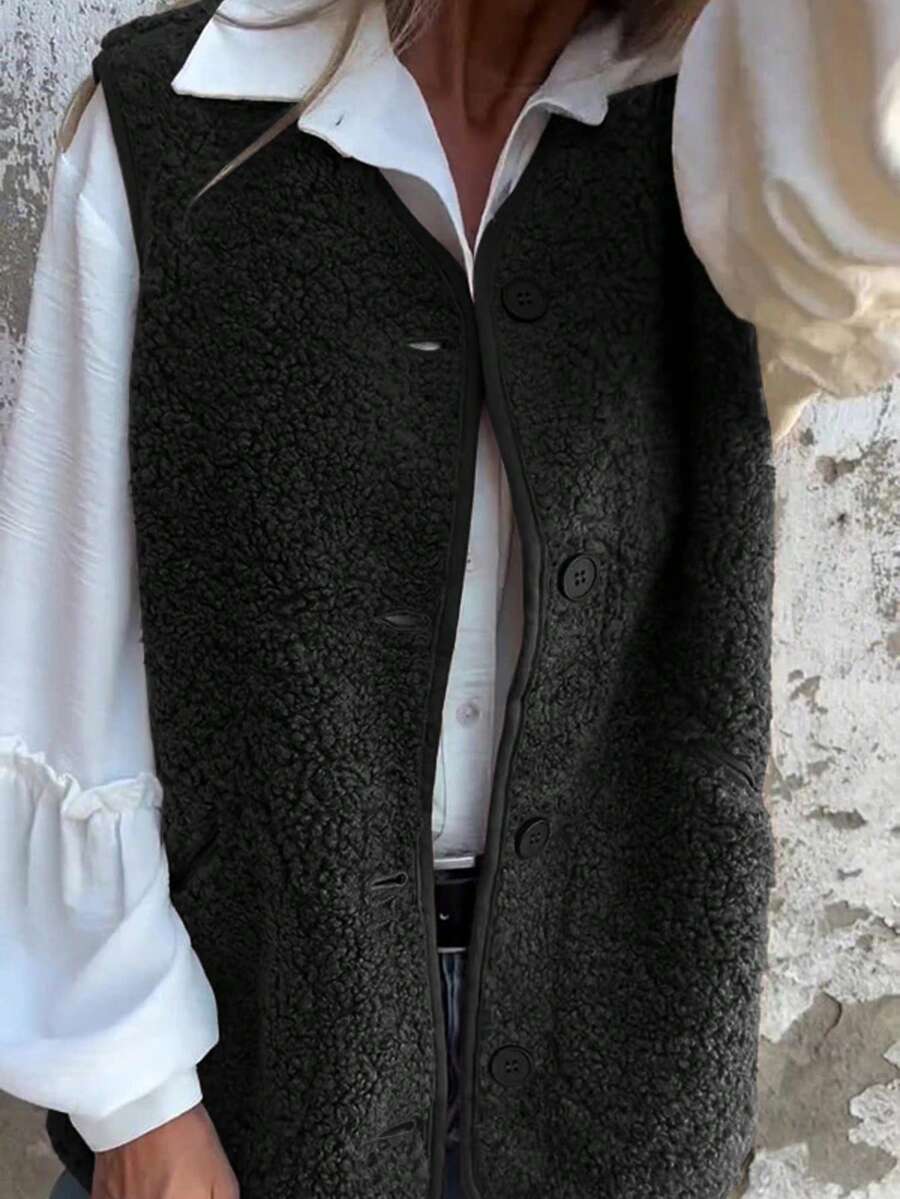 Gilet sans manches en fausse fourrure à boutons, poches réelles, ouverture devant, couleur unie, style décontracté pour femmes, automne/hiver - Noir - Voir 1