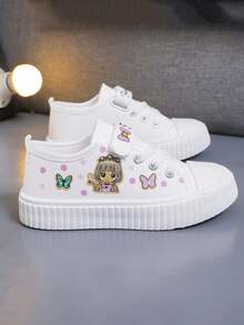 1 Pair Kids Cartoon Print High Top Canvas Sneakers, Unisex Indoor & Outdoor Athletic Shoes,Girls' Low-Top Cartoon Canvas Sneakers, Fashionable, Thin Fabric Shoes, New Style, Children's Versatile Outdoor Casual Sports Shoes