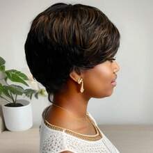 High Light Synthetic Wig Short Straight Pixie Short Bob Wig Honey Blonde Mixed With Black Hair For Ladies - Multicolor - View 8