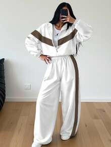 Set de 2 piezas de sudadera con capucha con cremallera y bloques de color en un diseño de patchwork, elegante y casual, adecuado para deportes, hogar, oficina y uso diario en primavera, otoño e invierno. Sudadera de manga larga de corte holgado y casual para mujer en otoño/invierno - Blanco - Ver 1