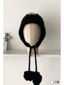 1 件马海毛面料小标志绒球针织护耳帽，适合女士，秋冬，厚实保暖的捕兽帽，可爱百搭